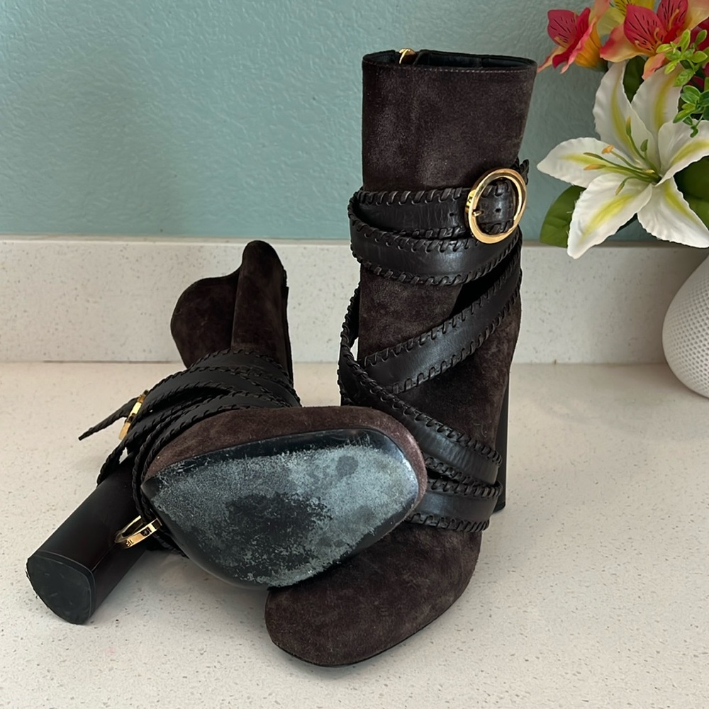 Tom Ford Brown suede leather wrap booties size 37.5